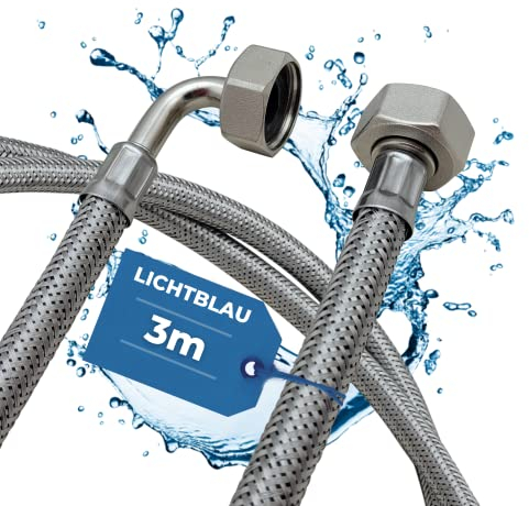 Lichtblau Manguera de entrada de acero inoxidable resistente a dobleces, 3,0 m, conexión de 3/4 pulgadas, lavadora y lavavajillas, manguera blindada angular/recta, incluye junta, uso universal