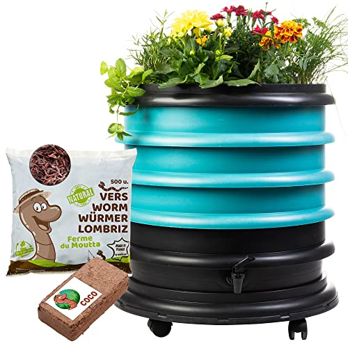 WORMbox | Lombricomposteur 3 Plateaux Turquoise + Jardinière + 250gr de vers de Compost + 1 Bloc Coco | 48 litres | Compostez Vos déchets organiques, Les vers de Terre/lombrics/lombricompost
