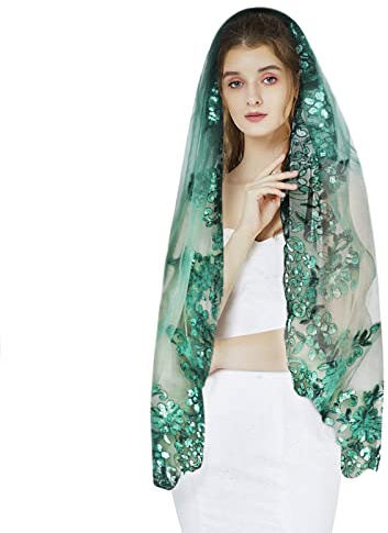 FakeFace Katholische Mantilla Kirche Schleier, Hochzeit Brautschleier, Spitzenschleier Kopfbedeckung Schal mit Pailletten, Muslimisches Kopftuch, für Braut Kirche Halloween Cosplay Party (Grün)