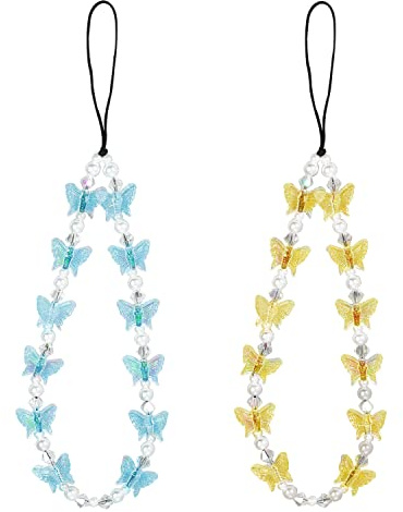 2pcs Beaded Phone Bracelet Strap, Crystal Butterfly Pearl Beaded Phone Charm Chain Strap Hand Wrist Lanyard for Telephone Keychain Charm for Women Girls (Blue, Yellow)