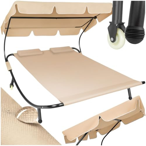 tectake® Lettino Prendisole Doppio con 2 Cuscini da Esterno, Robusto Telaio in Metallo, Comode Rotelle, Tenda da Sole Pieghevole, Resistente agli Agenti Atmosferici - Nero/Beige