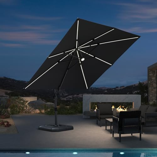 PURPLE LEAF Parasol Déporté LED Solaire 3 x 3 m avec Pied en Croix, Parasol de Jardin Extérieur 240 g/m² Toile avec UV50+ Protection, Conception Manivelle, Inclinable et Rotative, Gris