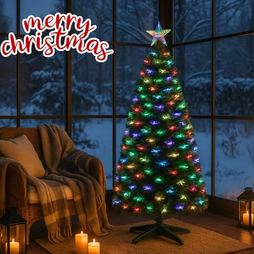 Fiber Optic Christmas Tree X-Mas Tree Pre-Lit Light PVC Artificial Tree Top Star Metal Stand Free Standing Indoor Xmas Decoration Multicolored Tree (90 Cm)