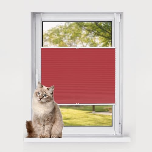 Plissee ohne Bohren 45 x 220 cm Verdunkelnd & lichtundurchlässig Plissee Rollo Ohne Bohren Bequeme Montage Inkl. Aller Montage-Teile für Fenster und Tür, Rot