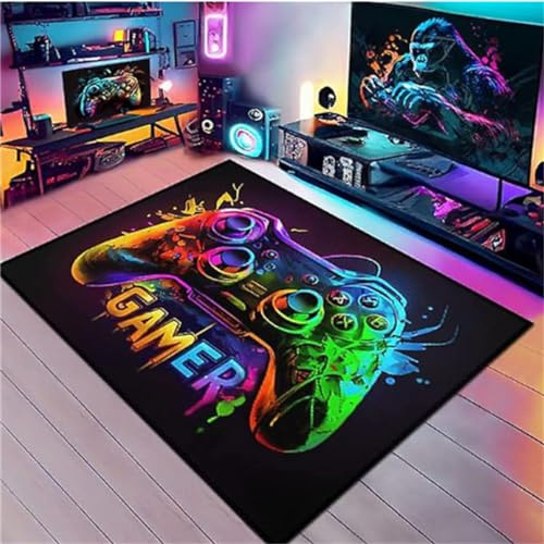 PEIHUODAN Bereich Teppiche, Neon Graffiti Teppiche, Gamer Spiele Teppiche, Kinder Teenager Home Decor Gedruckt Bereich Teppiche, Waschbar Anti-Rutsch-Spiel Bodenmatten Wohnzimmer (Farbe 1,120x160cm)