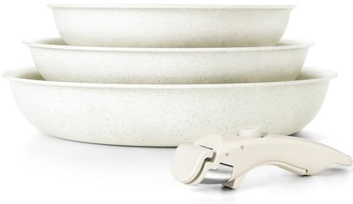 MICHELANGELO Non Stick Frying Pan Set with Removable Handle, 20cm,24cm and 28cm Frying Pans, Fry Pan with Detachable Handle, Granite Skillets, PFOA Free, Oven Safe, White