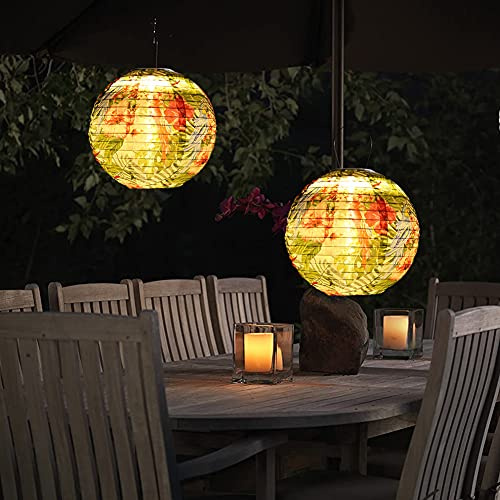 Fiorky 10 Inch Solar Powered Hanging Lanterns, Outdoor Waterproof Solar Painted Chinese Lanterns LED Round Garden Hanging Lantern for Patio Yard Pathway Decorations