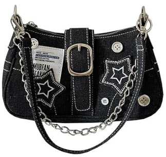 Générique Sac Bandoulière Femme En Jean Hobo Bag Y2K Cute À Main Porté Épaule Sous Le Bras Shoulder Handbag Éclair Petit Étoile Noir