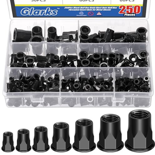 Glarks 250pcs Thread Half Hexagonal Rivet Nuts Set M3 M4 M5 M6 M8 M10 M12 Black Zinc Plated Carbon Steel Flat Head Rivnut Threaded Insert Rivet Nuts for Construction Industrial