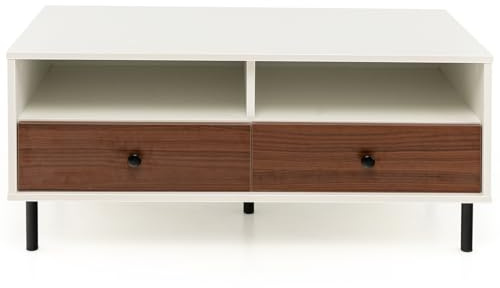 LIFEZEAL Mesa de Centro, Mesa salón con 2 cajones y 2 estantes Abiertos, Mesa Rectangular de 2 Niveles con Patas, Blanco