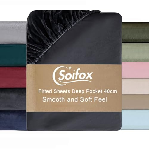 Soifox Velvet Warm Fitted Sheet Double Size - Charcoal Grey Flannel Winter Fitted Bed Sheet with Extra Deep Pocket 16 Inches(40cm), Soft Bottom Sheet Double Bed 135 X 190 cm