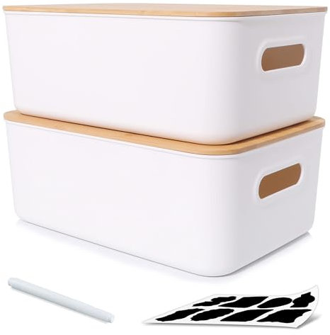 Citylife 2er-set 13L Aufbewahrungsbox mit Bambus Deckel Weiß Aufbewahrungsbox Kunststoff Plastik Box für die Organisation stapelbar Aufbewahrungskorb mit Griff für Küche Badezimmer 38 x 27 x 15 cm