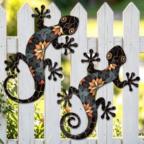 Liosecgar Metall-Gecko-Wanddekorationen für den Außenbereich, 30 cm, Gecko, Wandbehang, Skulptur für Garten, Hof, Zaun, Balkon, Veranda, Zuhause, Wanddekoration, schwarzes Metall, Wandkunst,