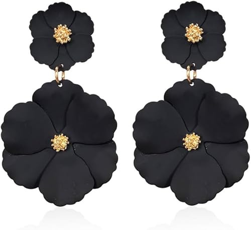 TOFBS Pendientes Mujer Niña Doble Flor Pendientes Flamenca Grandes Multicolor Borla Pétalos de Metálicos Boho Retro Personalidad Exagerada Joyas de Boda