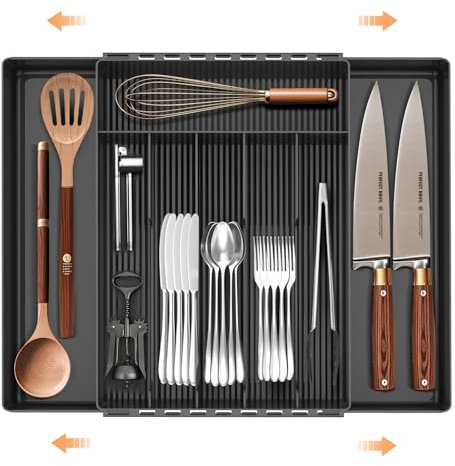 JYPS Cutlery Drawer Organiser, 8 Compartment Expandable Kitchen Drawer Organiser, Adjustable Cutlery Tray Drawer Silverware&Cutlery Holder, Utensil Kitchen Storage for Spoon Fork Knife(Black)