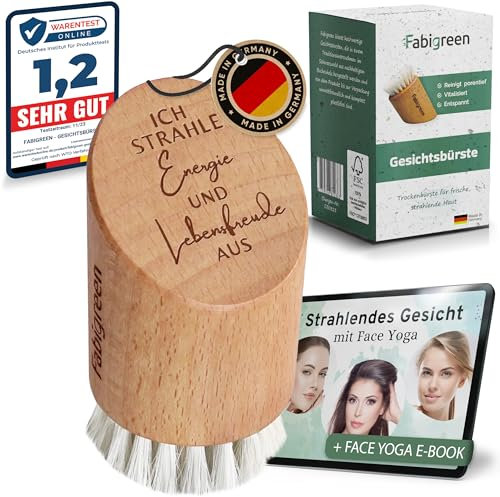 Fabigreen® – Premium Gesichtsbürste [MADE IN GERMANY] inkl. E-Book mit Face Yoga & skin care Tipps - Trockenbürste für Massage & Peeling Gesicht - face dry brush - aus FSC Buchenholz (Natur mit Text)