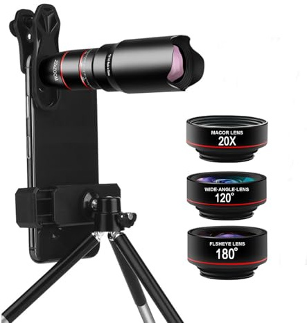 Cell Phone Camera Lens Kit, 6 in 1 Phone Lens Kit, 22x Telephoto Lens, 180° Fisheye Lens, 120° Super Wide-Angle Lens, 20x Macro Lens with Tripod & Universal Clip for iPhone Android Smartphone