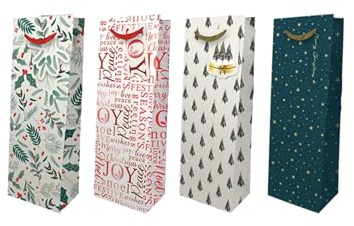 4 Pack Bottle Gift Bags in 4 designs |Christmas Wine Bags Gift Multipack Printed design Paper Wine Gift Bag Bottle Bags for Wine Party Bags for Christmas, Wedding, Party.