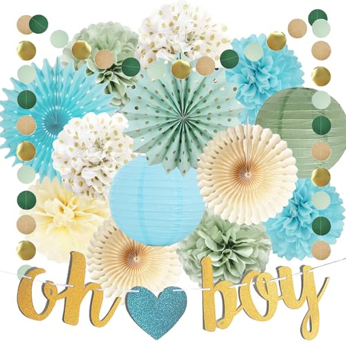 Salbeigrün Blau Baby Dusche Dekorationen für Jungen Gewebe Papier Pom Poms Blumen Papier Fans Kreis Punkt Girlande Neutrale Party Supplies Baby Boy Geschlecht Enthüllen Geburtstags Dekorationen