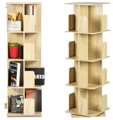 ZZINOKE Bibliothèque Rotative 360° - 4 Niveaux & 16 Compartiments, Rangement Économique d'Espace (39×39×128cm), Bois Chêne, Adaptée à Salon/Chambre/Bureau/Chambre d'enfant
