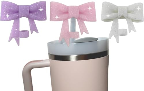Resin & Reed Glitter 3pc Silcone Sparkling Bow Straw Cap Set, 10mm, Compatible with Stanley (pink, purple, white)