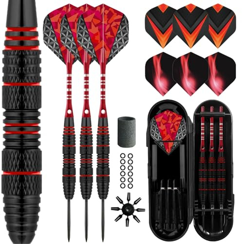LavishioProfessional Set med stålspetspilar, 3 dartaxlar, stålspetspilset, professionella dartset med stålspetsuppsättning + extra 3 pilflygningar 3 ersätter plastskaft (röd)