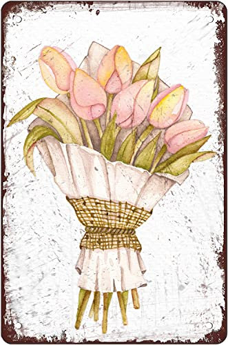 Pink Tulip Bouquet Jute Twine Flowers Vintage Metal Tin Sign Flower Home Decor Funny Novelty Kitchen Bar Club Garage Garden Farm Wall Art Tin Signs 8x12 Inch