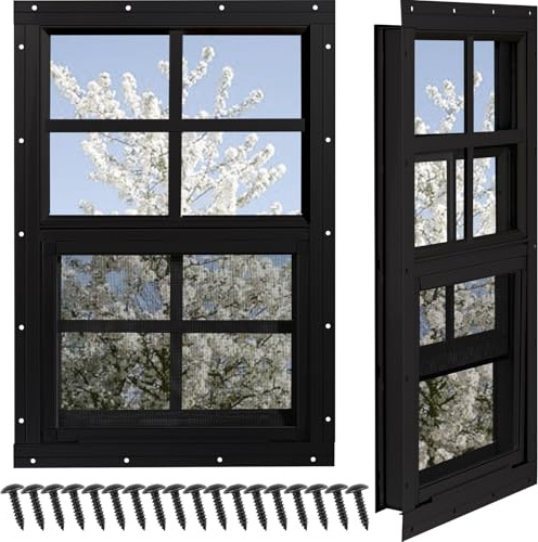 NOTASA Shed Windows 2 Pack, Chicken Coop Windows 18 x 23 with Tempered Glass and Fiberglass Screen, Flush Mounted Small Window for Shed, Barns, Playhouse, Household, Garage (Black)