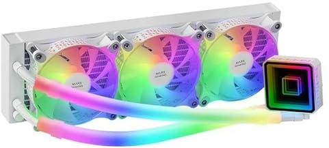 Sistema de refrigeración líquida 360 mm, color blanco, diseño eficiente para mejorar el rendimiento térmico y la estabilidad en PCs de alto rendimiento.