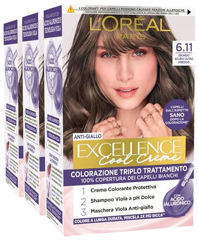 L'Oréal Paris Tinta Permanente Excellence Cool Creme 6.11 Biondo Scuro Ultra Freddo Colorazione Triplo Trattamento Copre 100% dei Capelli Bianchi Lunga Durata e Anti-Giallo - 3 Tinte