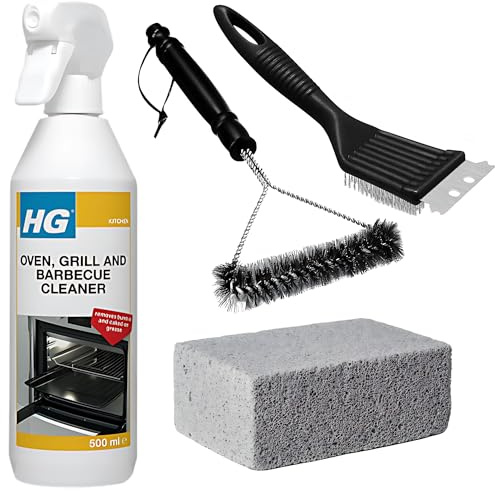 BBQ Cleaning Kit With HG Oven, Grill and Barbecue Cleaner 500ml, BBQ Cleaner Spray Heavy Duty, Amara Wire Brush With Scraper, Pumice Stone for Cleaning, and Coil Brush for Cooking Grates and Racks