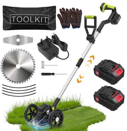 21V Cordless Strimmer, Telescopic Electric Grass Trimmer & Edger, Brushless Battery Strimmer with 2 Batteries, Charger, Metal Blades & LED Display, Garden Strimmer for Clearing Weeds Flower Lawn