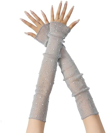 Women Long Rhinestone Gloves, Mesh Sparkly Glitter Fingerless Opera Glove, Bling Elbow Length Evening Party Gloves for Halloween Wedding Prom, Sheer Crystal Sleeves Long Arm Sleeves Driving Accessory