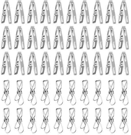 IDNVFY 30 Panes À Linge Plates Et 20 Pinces Métalliques, Clips À Linge en Acier Inoxydable, Pinces À Chaussettes, Supports De Séchage À Vent Et Supports De Mémoire D'Articles.