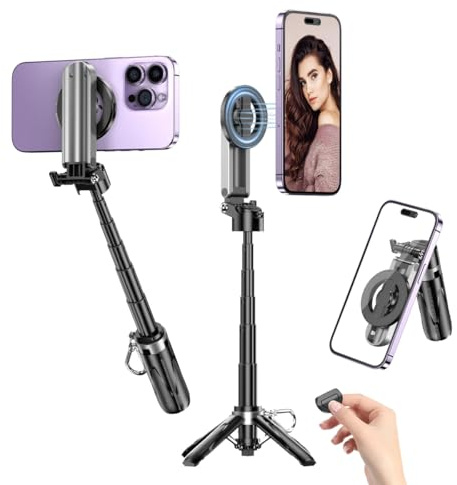 For Magsafe iPhone Selfie Stick Tripod, 4 in 1 Magnetic Cell Phone Travel Tripod Stand Mount with Remote,Smartphone Mini Compact Tripod Holder for Filming Vlogging Video iPhone 16/15/14/13/12 Series