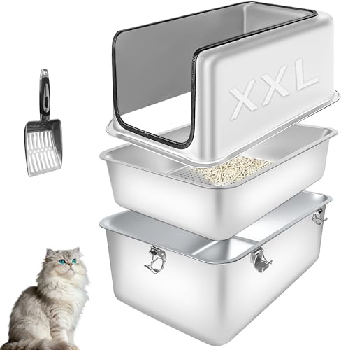 Bartuke Caja de Arena para Gatos de Acero Inoxidable, XXL, 23.6''x15.7''x12'' Extragrande, semicerrada, extraíble de Metal con Cubierta Superior, Pala