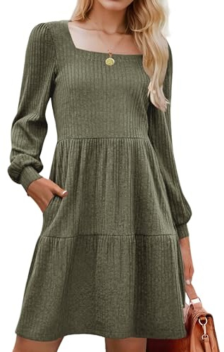 Zeagoo Abito da donna a maniche lunghe, abito autunnale, linea A, maniche a sbuffo, elegante, lavorato a maglia, lunghezza al ginocchio, con tasche, per autunno e inverno, S-XXL, verde militare, L