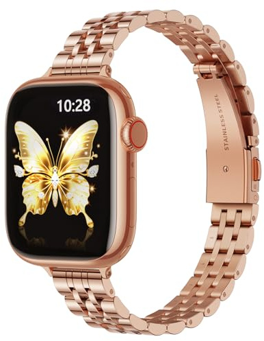 GEARYOU Schlank Metallarmband Kompatibel mit Apple Watch Armband 42mm(Series 11/10) 41mm 40mm 38mm, Edelstahl Ersatzband Damen für iWatch SE3 SE2 SE, iwatch Series 11 10 9 8 7 6 5 4 3 2 1(Roségold)