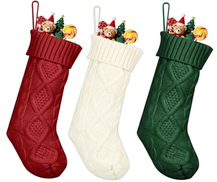 Summerdate Medias de Navidad de 46 cm, 3PCS Calcetines Navideños Tejidos, Gran Decoración Navideña con Patrones Clásicos, Adorno Colgante para Chimenea
