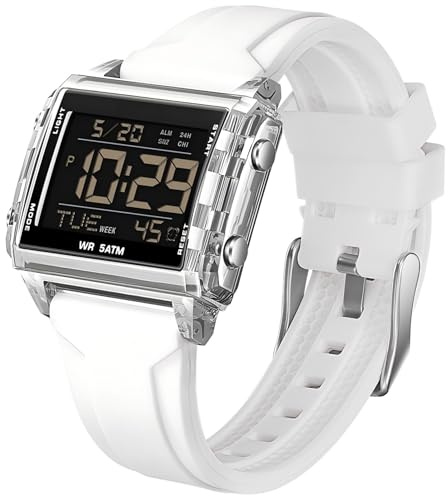 Orologio sportivo digitale, rettangolare, per esterni, impermeabile, trasparente, grande numero di cifre luminose, con cronografo, cronometro, sveglia, multifunzione, per uomo e donna