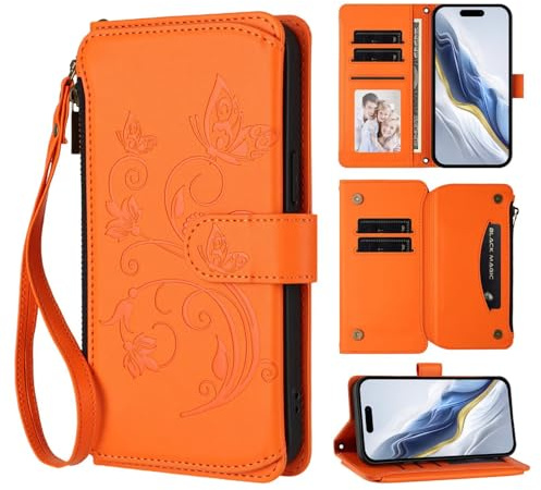 Funda para Motorola Moto E13 2023, funda con relieve de mariposa y cremallera, piel sintética, funda con tapa de silicona, función atril, magnética, naranja