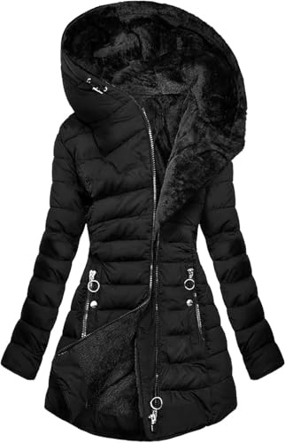 WOWEI Women's Coats Winter Fleece Lined Long Quilted Jackets for Women Warm Padded Parka Coat Plush Thermal Water Repellent Jacket Winter Plus Size Thick Warm Hooded Outwear (Black, 3XL)