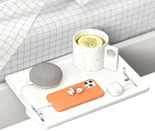 TFLPUO Nachttisch Regal, Weiß Clip-On Nachttisch Bettablage Regal Tablett Bett Organizer zum Einhängen mit Kabelführung für Bett Sofa ca.: 32 * 23.5cm