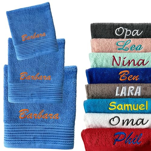 Schnoschi Handtuch 3er Set Mittelblau 30 x 50 Gästehandtuch, 50 x 100 Duschhandtuch und 100 x 180 Saunahandtuch personalisiert mit Namen, Motiv oder Wunschtext Bestickt, 100% Baumwolle, 450 g/m²