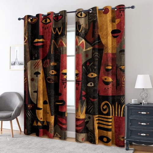 Generisch Blickdichte Vorhänge Afrika Motiv, Verdunklungsvorhänge mit Ösen H 166 x B 75, 2er Set, Böhmen Stammesethnisch Gardinen Wohnzimmer Schlafzimmer Deko, Thermovorhang MT373