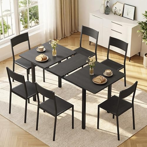 Xbro Set Tavolo e Sedie 6 Posti Allungabile, Tavolo da Pranzo con 6 Sedie, Salvaspazio, Struttura in Metallo Stabile, Facile da Montare, Cucina Soggiorno 110–140 cm