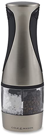 Cole & Mason Kew Electric Salt and Pepper Mill, Combi Mill with Adjustable Grind, Brushed Chrome, 210 mm, Single, Includes 1 x Electric Salt and Pepper Grinder