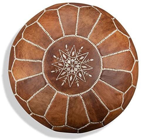 Poufs&Pillows Premium Echt Leder Pouf - Handgefertigt - gefüllt geliefert - Ottoman Sitzsack Fußhocker (Cognac Braun)