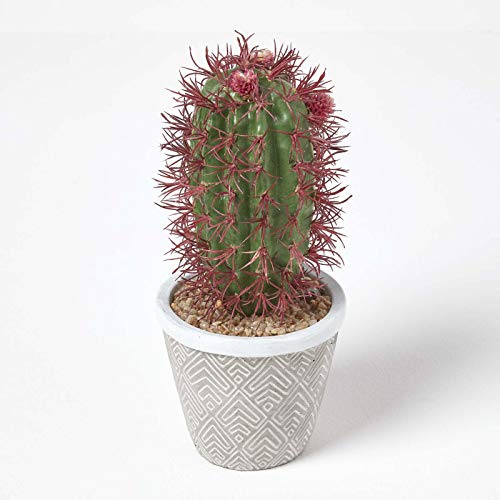 HOMESCAPES Petit Cactus Artificiel Ferocactus en Pot Motif géométrique 25 cm