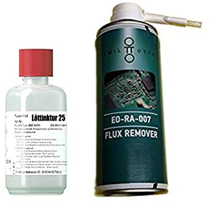 Limited Edition: 1 x 250 ml Flussmittel/Löttinktur 25, No-Clean Elektronik-Flussmittel, Kolophoniumbasis (25%) + 1 x Flux-Remover/Platinenreiniger EO-RA-007 (Dose mit 400 ml Inhalt)